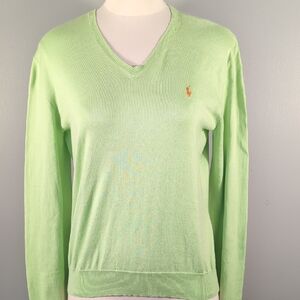 Ralph Lauren Blue Label Lime Green 100% Cotton V Neck Sweater, XL.